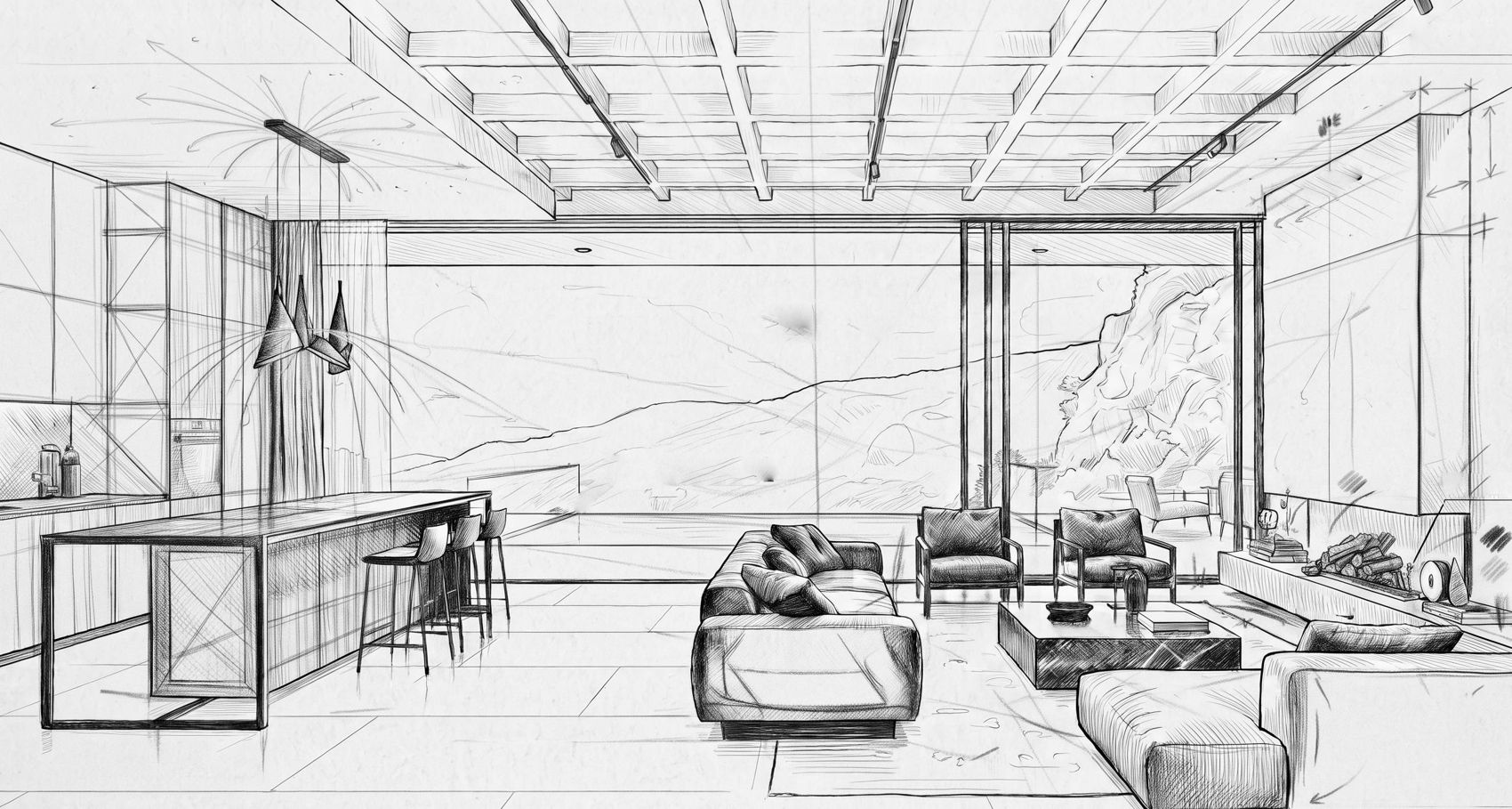 Pencil sketch of the Cliff House interior with a coffered ceiling, open kitchen and lounge facing the mountains